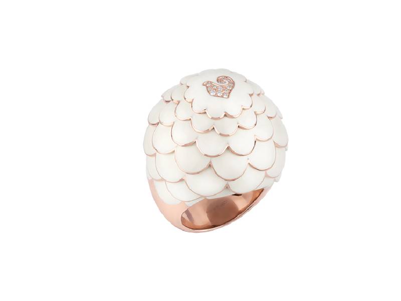 DOME RING IN ROSE GOLD, WHITE DIAMONDS AND WHITE ENAMEL PAILLETTES CHANTECLER 41134